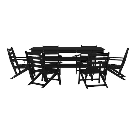 Flash Furniture Tolleson 7 Pc Adirondack Set w/72-in Rectangle Recycled HDPE Table and 6 Chairs w/Cupholders, Blk LE-HMP-158-2037-BLK-GG